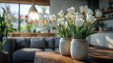 Tulips bloom indoors, soft focus, modern living space