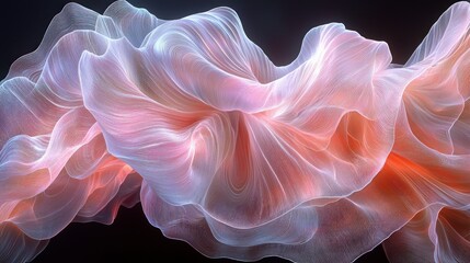 Translucent, flowing, coral-hued abstract filaments