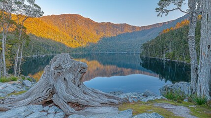 Tranquil lake reflects mountains, trees, old stump