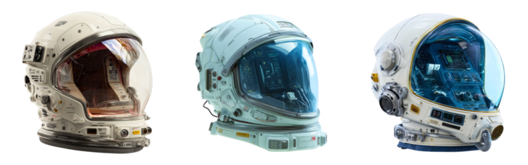 Collection of sci-fi helmets with clear visors and air filtering systems isolated on a white or transparent background