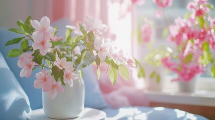 Vase of pink flowers near window, soft light, airy feel
