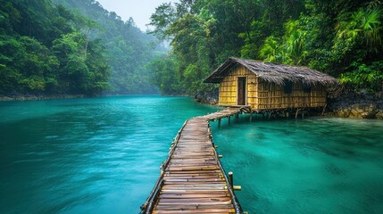 Tropical hut on stilts over turquoise water