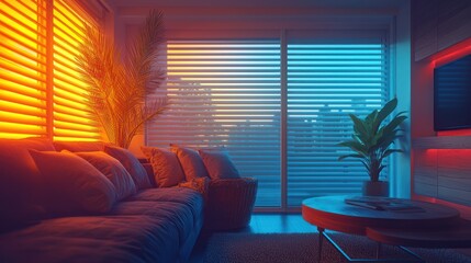 Vivid lit room, modern furniture, indoor, plant