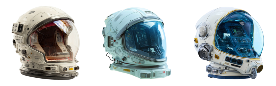 Collection of sci-fi helmets with clear visors and air filtering systems isolated on a white or transparent background