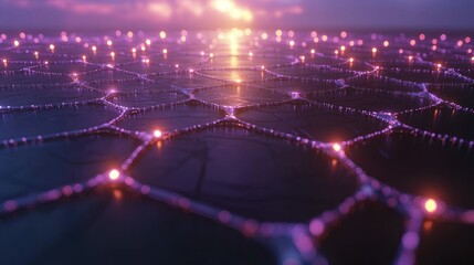 Fototapeta premium Pink network surface glows towards sunset horizon
