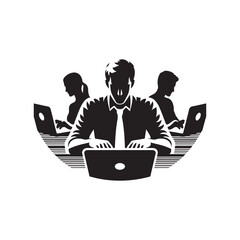 people working on laptop vector silhouette clip art logo design illustration.