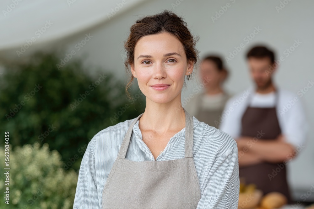 Poster portrait of professional photographer adjusting softbox light over beginner chef smiling during cook