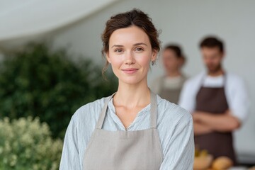 portrait of professional photographer adjusting softbox light over beginner chef smiling during cooking workshop background