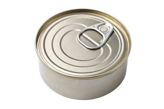 Silver metal food can with pull tab lid isolated on transparent background