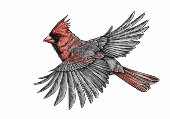 Detailed illustration of a red cardinal bird in flight with wings spread wide