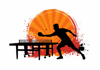 Silhouette of a man playing table tennis with a dynamic orange sunburst background