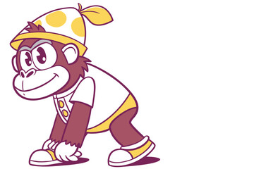 Cartoon monkey wearing a red costume smiles softly while looking at the viewer sweetly