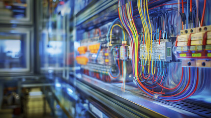 Colorful wiring in an industrial electrical panel, showcasing precision and modern engineering.