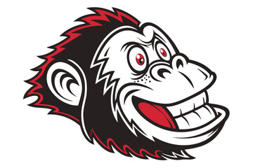 Cartoon monkey with red eyes smiles broadly showing teeth and the tongue is inside