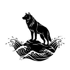 Majestic black wolf standing on a rock surrounded by crashing waves