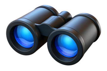 Close up of black binoculars with bright blue lenses isolated on transparent background