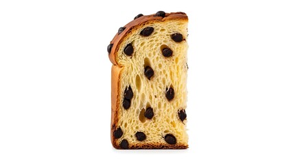 A slice of panettone with chocolate chips on a white background in studio