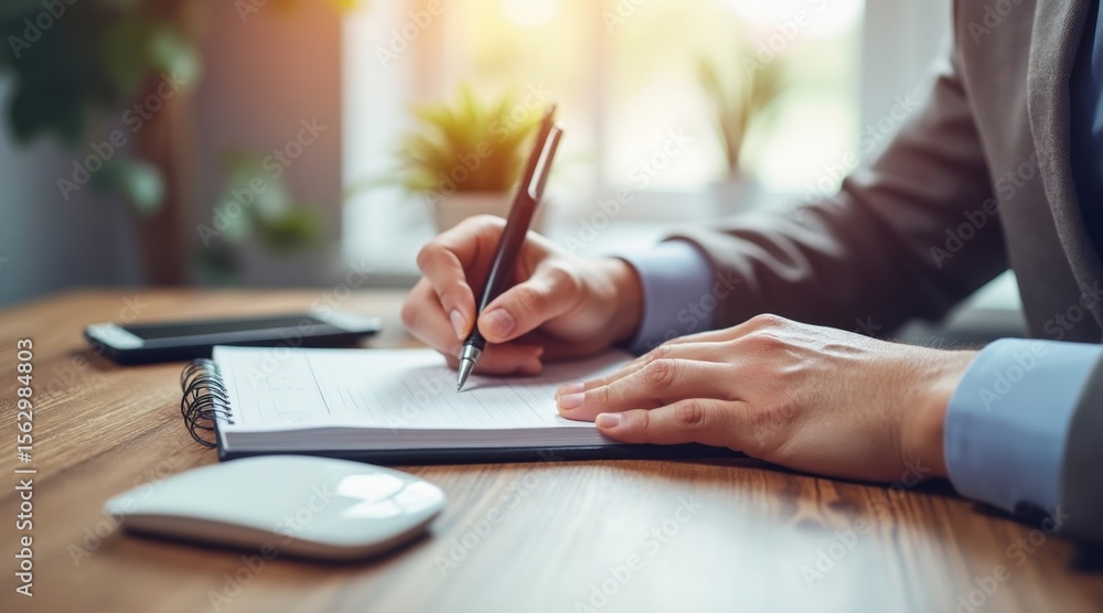 Poster a person writes with a pen in a notebook on a wooden desk, next to a wireless mouse and a smartphone