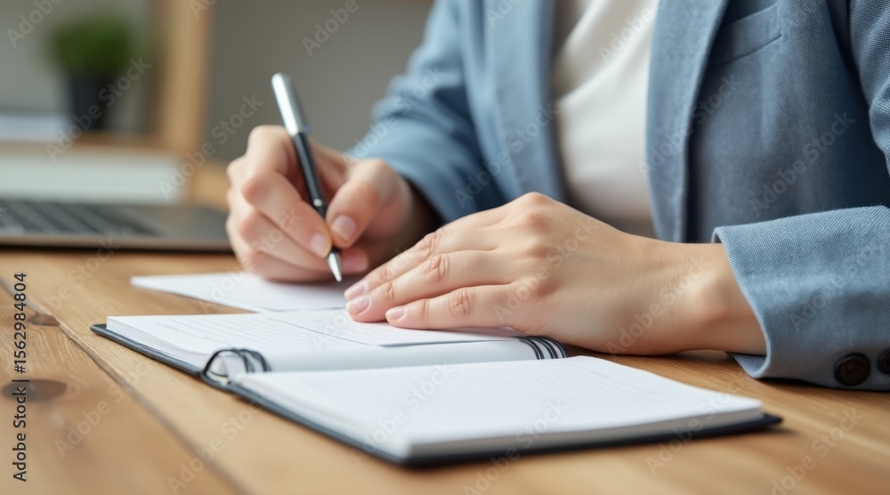 Poster a person in a blue blazer is writing in a notebook at a wooden desk, focusing on their work with a l