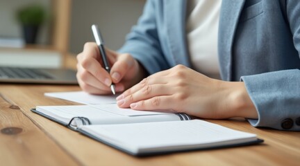 A person in a blue blazer is writing in a notebook at a wooden desk, focusing on their work with a laptop partially visible in the background.