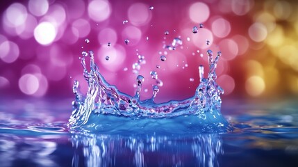 Water splash in blue, abstract colorful bokeh background