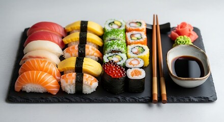 A platter of assorted sushi with nigiri, rolls, soy sauce, and chopsticks