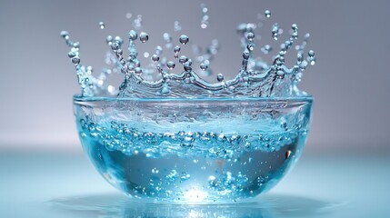Water splashes from glass bowl, liquid frozen in mid-air