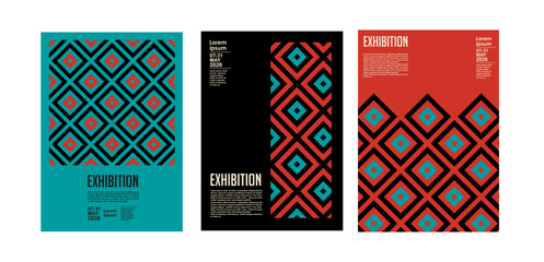 Art exhibition posters with abstract painting design. Vector vertical banners, invitation flyers to museum or gallery with trendy creative background with colorful patern blobs and drawn shapes.