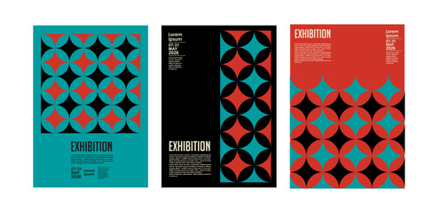 Art exhibition posters with abstract painting design. Vector vertical banners, invitation flyers to museum or gallery with trendy creative background with colorful patern blobs and drawn shapes.