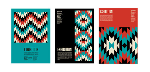 Art exhibition posters with abstract painting design. Vector vertical banners, invitation flyers to museum or gallery with trendy creative background with colorful patern blobs and drawn shapes.