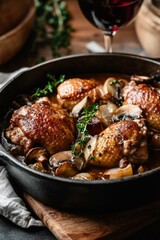 Delicious french coq au vin with red wine and herbs in rustic pan setting