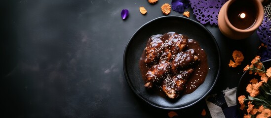 French coq au vin dish with rustic decor on dark background