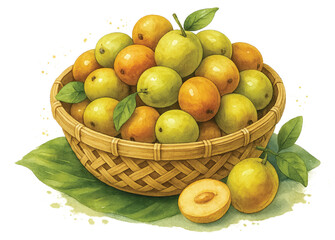 Thai Jujube in Bamboo Basket – Watercolor