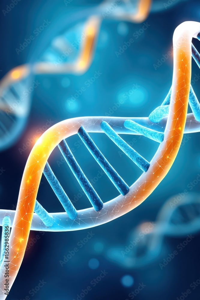 Poster abstract futuristic dna double helix structure with glowing elements in blue and orange
