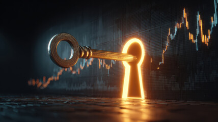 A glowing key unlocking a vault door made of economic graphs