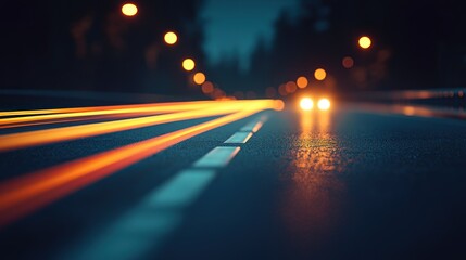 Road lights blur. Night highway, motion effect