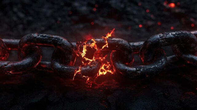 Burning broken chain link with glowing fire cracks symbolizes strength breaking and fiery destruction in dark volcanic metal environment under intense burning pressure