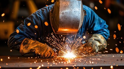 Welder sparks on metal. Masked, glowing. Dark setting