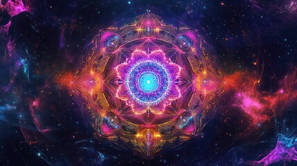 Cosmic Mandala: Vibrant Geometric Pattern Against a Starry Nebula Background