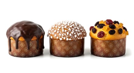 Three panettone cakes with different toppings on a white surface, close up view