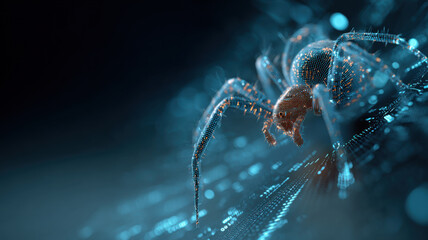 cyber Spider weaving a binary code web, symbolizing creativity and patience in the process