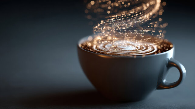Coffee cup with swirling digital code inside, symbolizing morning data flow and mental processing - Powered by Adobe