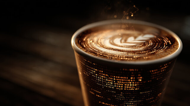 Coffee cup with swirling digital code inside, symbolizing morning data flow and mental processing