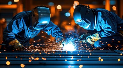Welders work, sparks fly. Blue lighting, safety masks