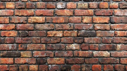 Weathered brick wall, varying red, brown, and grey colors