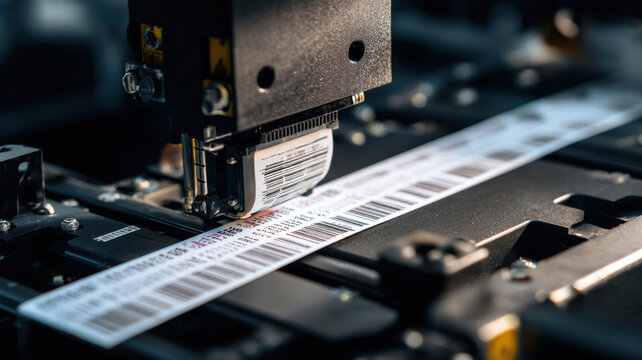 Industrial machinery is in operation, carefully printing barcodes on a long strip. The scene highlights precision engineering and automation