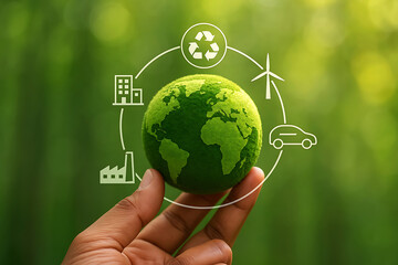 Hand holding a green planet earth with icons representing sustainability and renewable energy