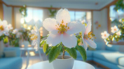 White flowers in pot, sunny room. Blurred background