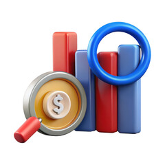 Analyzing Financial Data 3D Render of Magnifying Glass and Bar Graph
