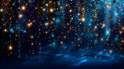 Obraz premium Golden Glittering Stars and Sparkles on Dark Blue Background perfect for celebration banners, holiday greeting cards, festive invitations, and luxury branding campaigns